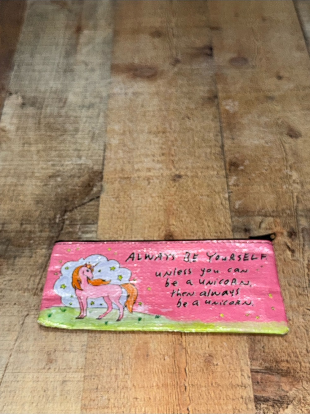 Blue Q "Always Be a Unicorn" pencil case made from 95% post-consumer recycled